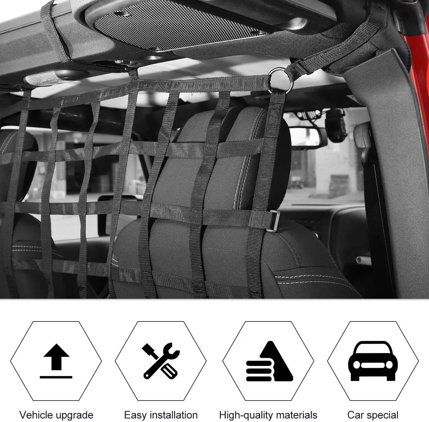Izolacja bagażnika tylnego siedzenia samochodu Siatka bagażnika Bariera ochronna dla psa Siatka bezpieczeństwa do jazdy dla Jeep Wrangler JK JL JT 2007-2023 — zdjęcie 7