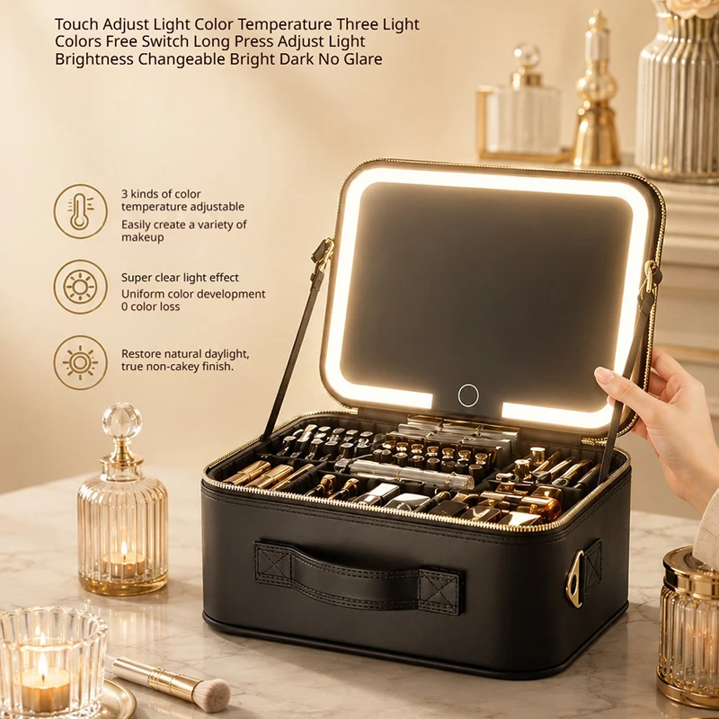 Nordic Creative Lighted Handheld Makeup Storage Bag with Mirror Professional Makeup Artist Travel Makeup Train Cases FYMB