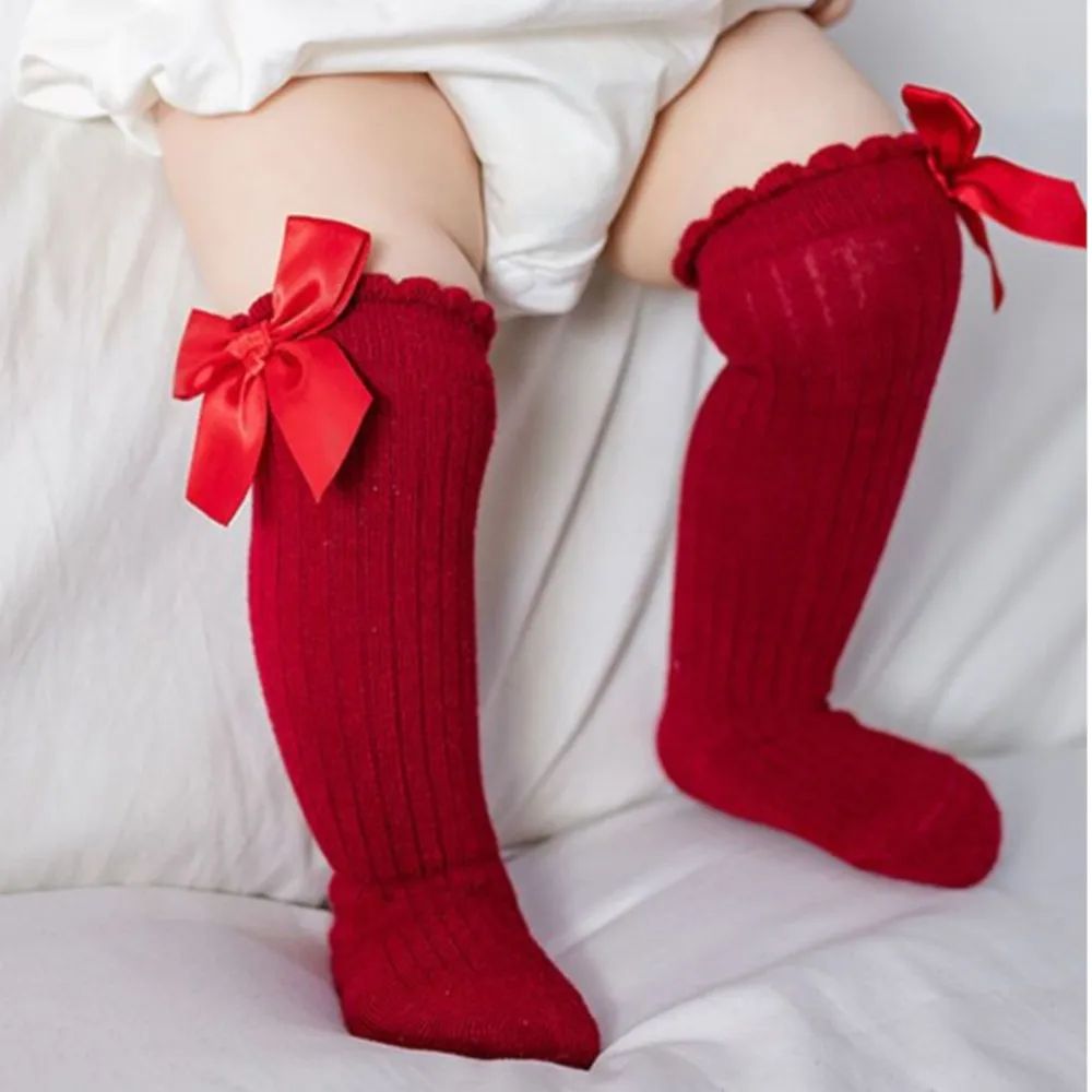Girls' Spring and Autumn Mesh Socks Solid-colored Calf Socks Girls' Stocking Babies' Vertical Bow Tie Mid-calf Sock Newborn