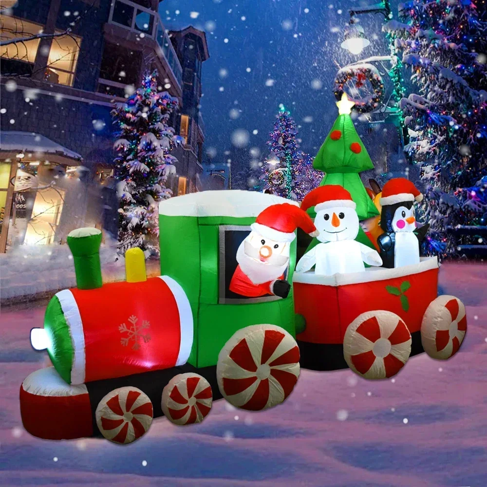 Decoração de natal trem inflável papai noel boneco de neve comprimento 8.8ft brinquedos infláveis com luzes led ornamento de jardim ao ar livre