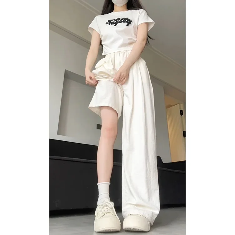 กางเกงขายาวผ้าไหมน้ำแข็งเนื้อฟองนม สไตล์ลำลอง ต่อต้านริ้วรอย สไตล์เกาหลี สำหรับผู้หญิง ฤดูใบไม้ผลิ ฤดูร้อน 2025 รุ่นใหม่ ไซส์เล็ก ระบายอากาศได้ดี ทรงขากว้าง