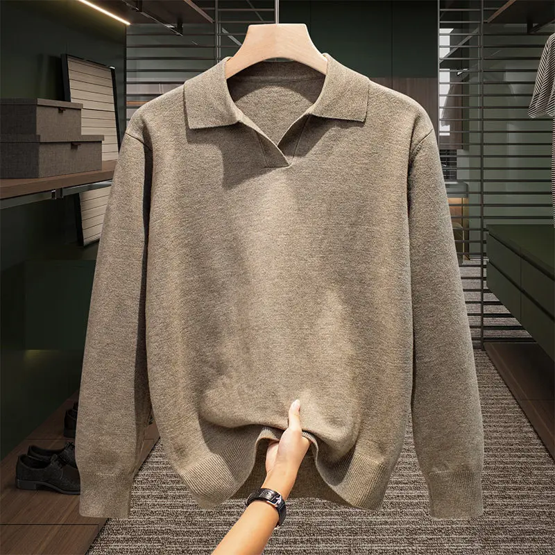 

Высококачественный мужской осенне-зимний свитер с отложным воротником, повседневный модный вязаный топ, универсальный теплый лонгслив из смесового полиэстера