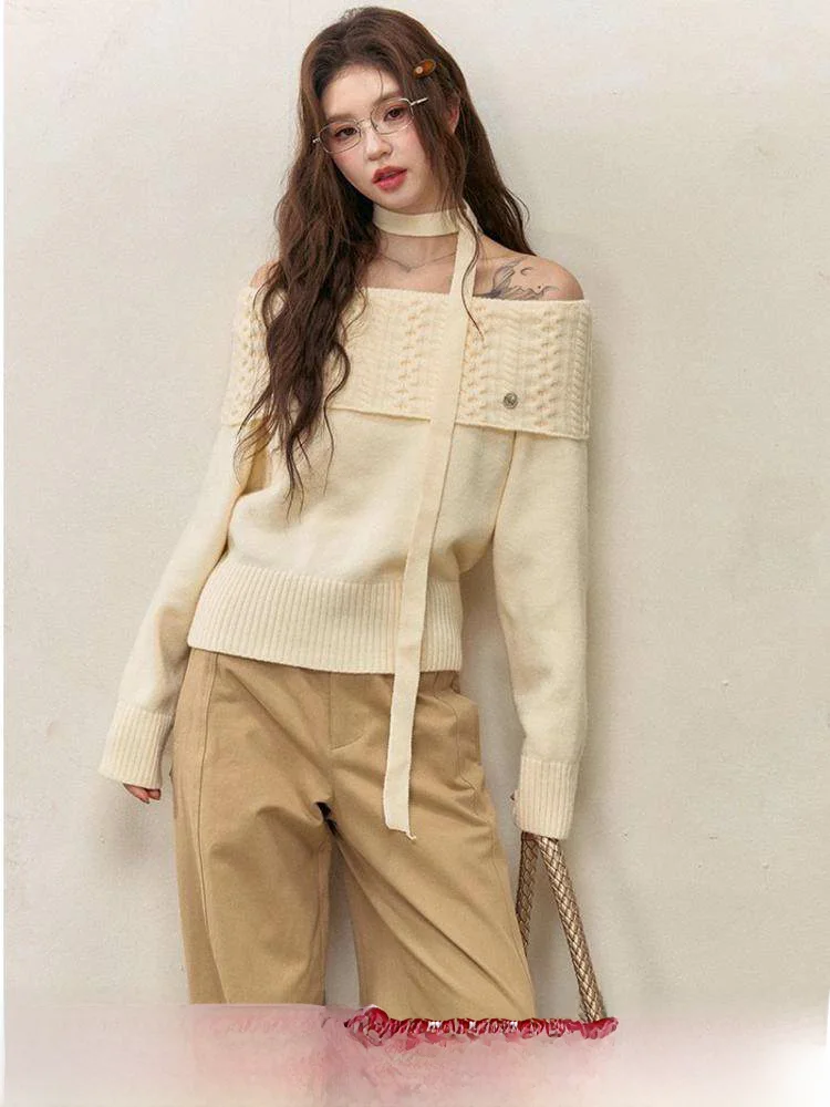 

Комплект ELEVEN SP: Вязаный топ на одно плечо и брюки с высокой талией. Модный корейский стиль, теплый, с длинными рукавами.