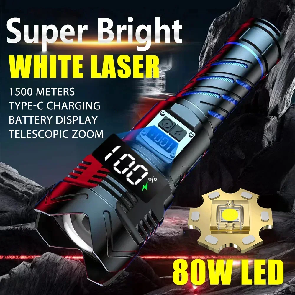 80W Powerful Led Flashlight Light Super Bright Floodlight Rechargeable Torch Long Range Outdoor Telescopic Zoom Camping Lantern