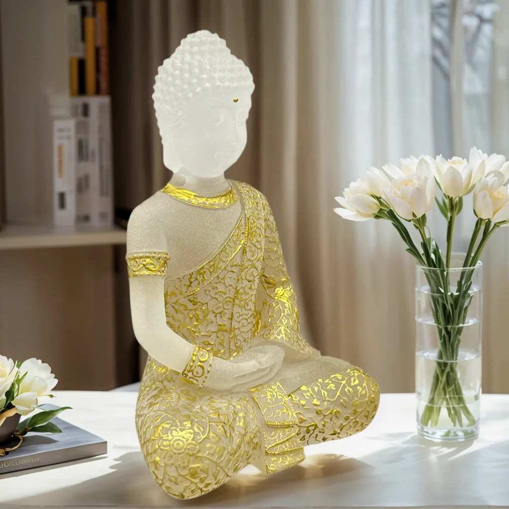 New Chinese Zen Style Gold-Decorated White Glass Buddha Statue Home Decorations Living Room Entrance Tea Room Desktop Townhouse view 5