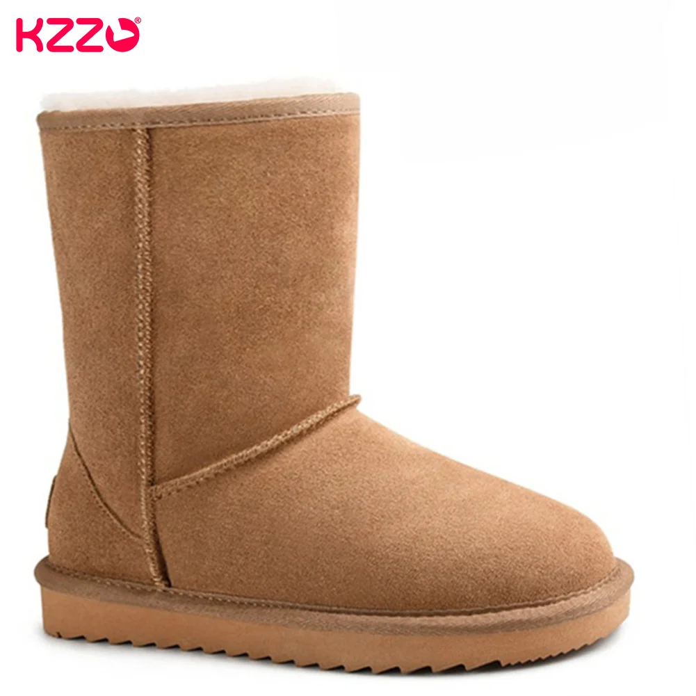 KZZO Women Classic Basic Australia Genuine Leather Snow Boots Natural Sheep Wool Lined Winter Non-Slip Shoes