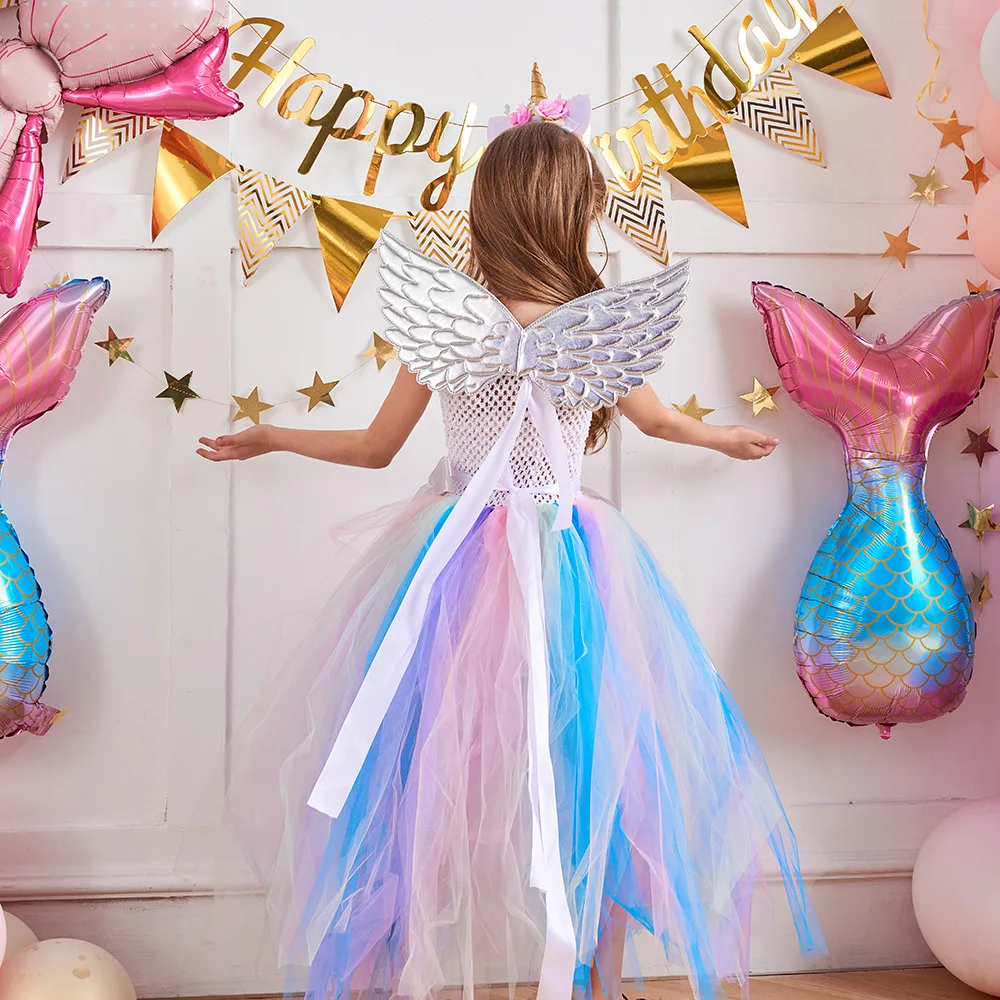 Halloween Floral Rainbow Tulle Tutu Dress Multi-hued Layered Mesh Gown Frilly Voluminous Fluffy Outfit Decorative Floral Skirt