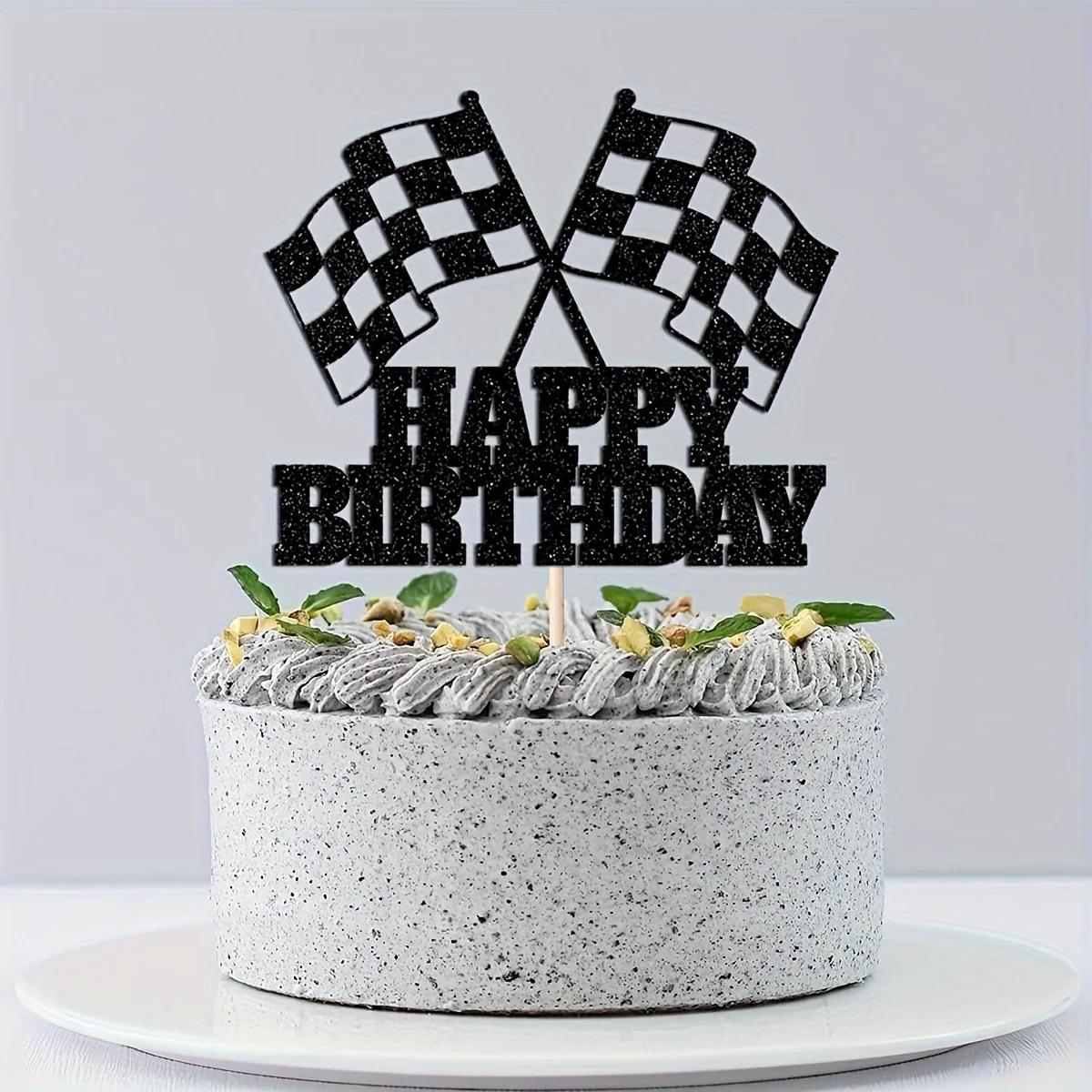 Glitter Race Car Cake Topper with Checkered Flag , Racing Theme Birthday Party Decoration Supplies