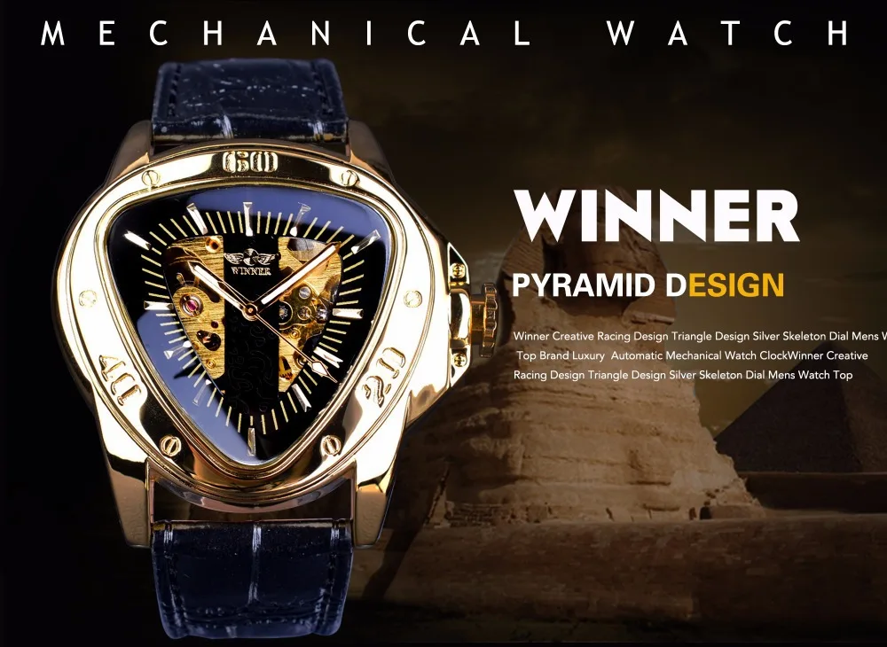 Fashion Winner Men's Automatic Skeleton Watch Unique Triangle Cut Out Design Exposed Mechanical Movement Leather Dress Timepiece