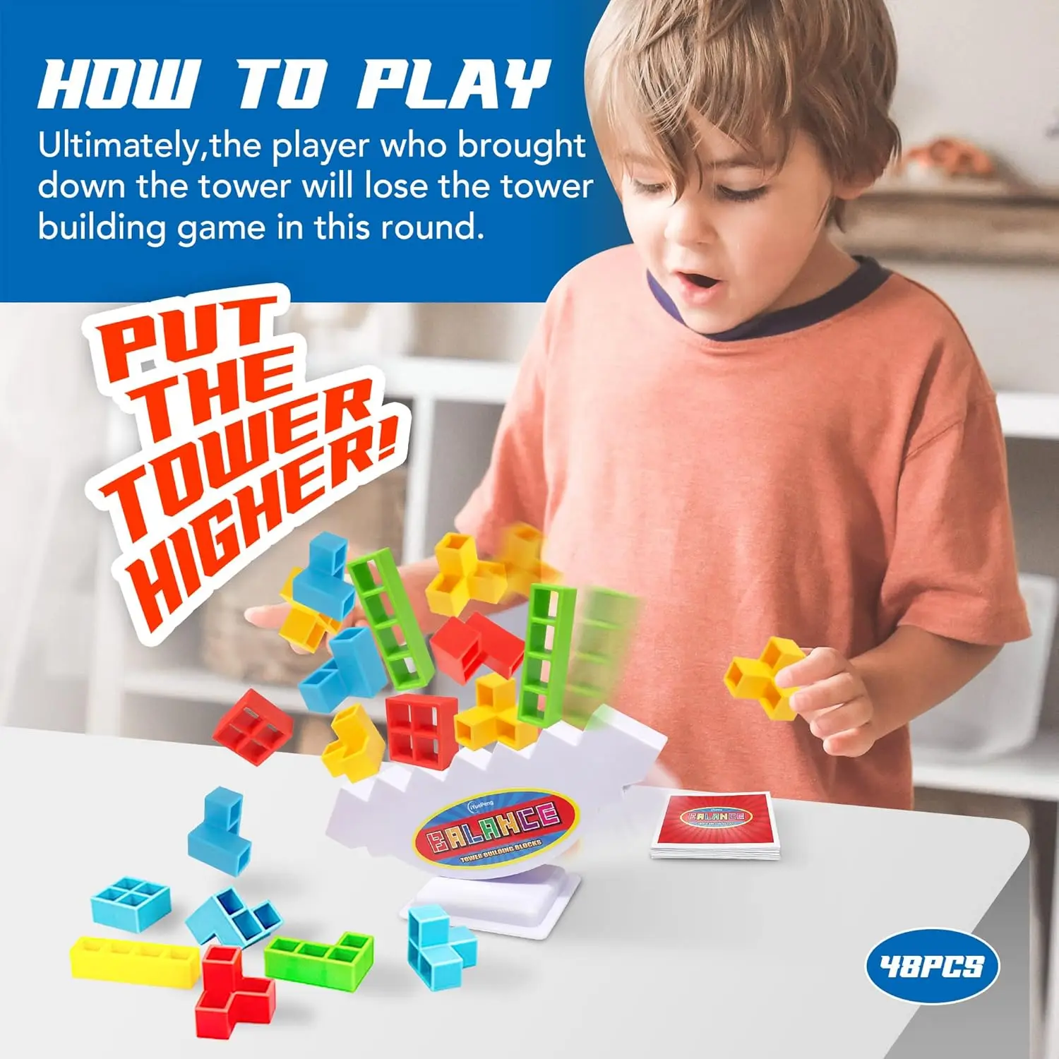 48 قطعة من لعبة برج التوازن Drop Tetra - مكعبات بناء ممتعة للأطفال من سن 3 سنوات فما فوق - تطور البراعة والصبر والدراجات النارية الدقيقة