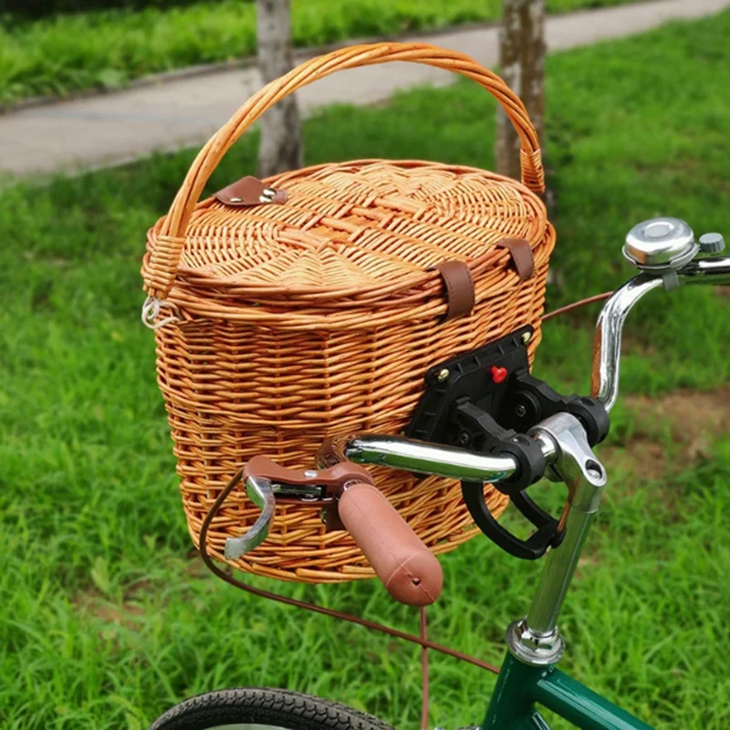 Bicycle Front Basket Wicker MTB Road Bike Basket With Leather Belt Handmade Natural Rattan Bike Storage Basket Cargo