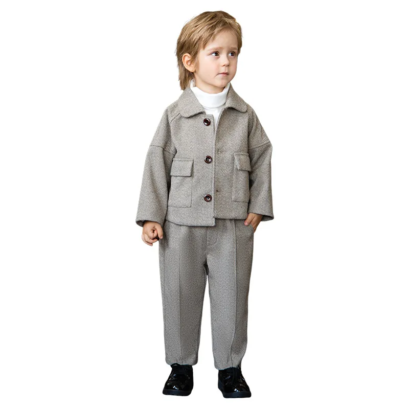 Kinder Blazer Set Herbst Winter verdicken warme schöne britische Stil Jungen Anzüge für Hochzeiten grau Klavier Performance-Kostüm