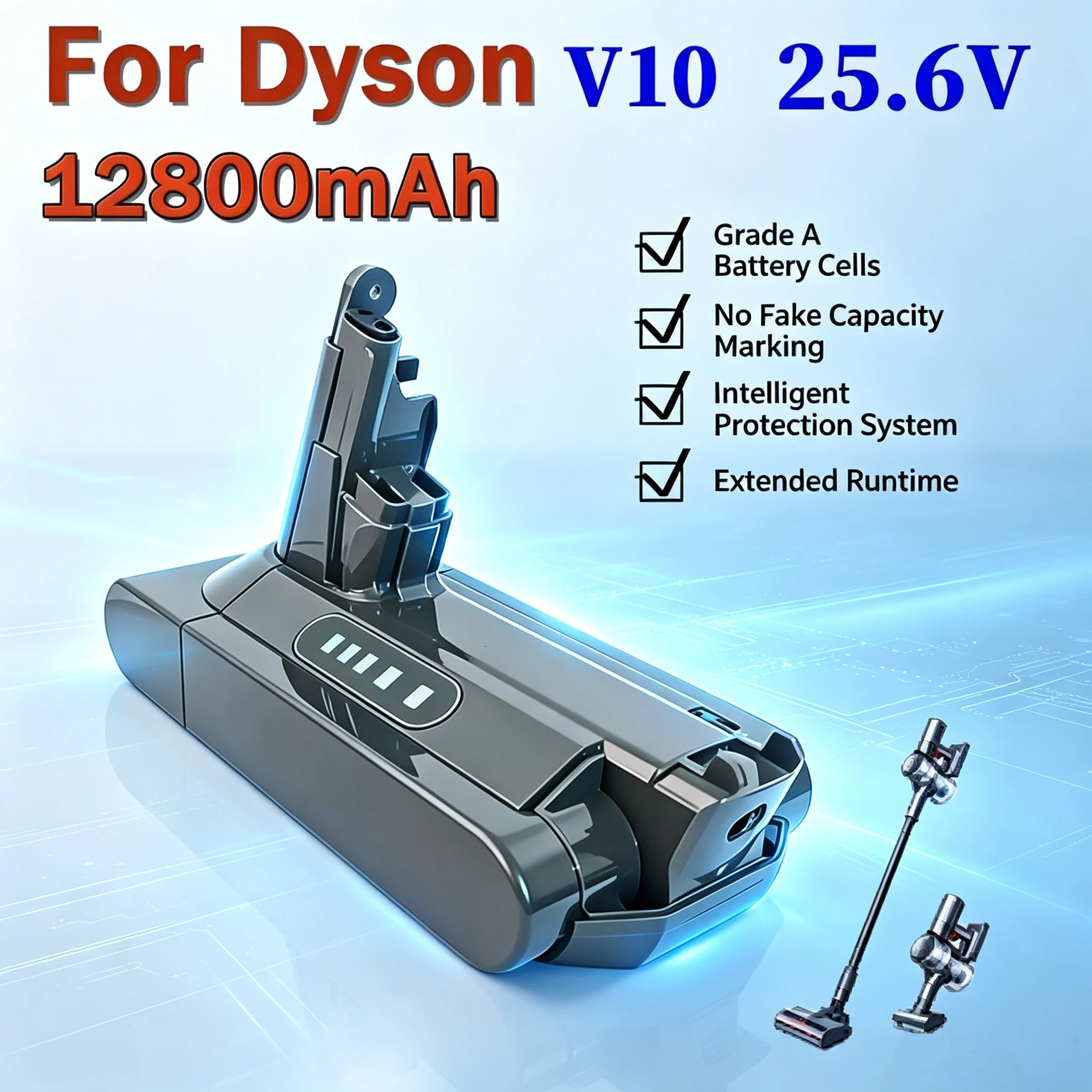 Für Dyson V10 12800mAh Lithium-Ionen-Akku mit großer Kapazität, 25,6V, original kompatibel mit V10/SV12 kabellosem Staubsauger, Ersatzakku