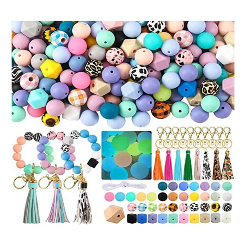 

221Pcs 15Mm Bulk Silicone Rubber Keychain Beads with Tassels and Key Chain for DIY Keychain Making Supplies