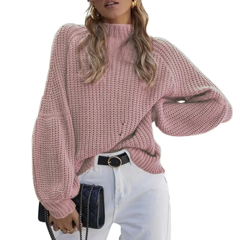 Women's AutumnWinter Fashion Elegant Solid Color Pullover Half High Neck Casual Versatile Long Sleeve Loose Sweater Knitted Tops