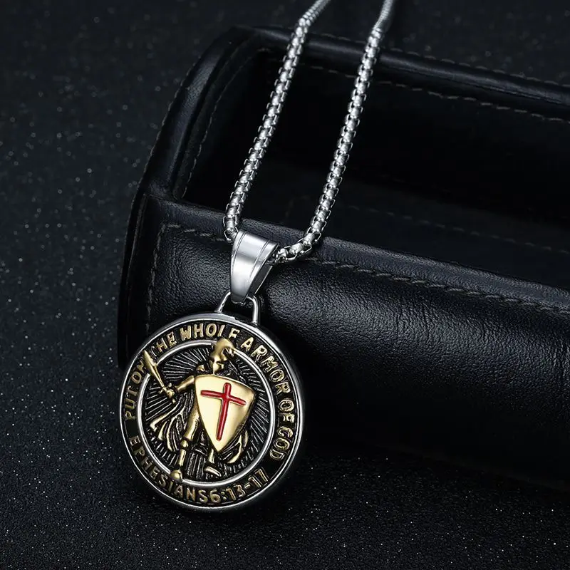 Knights Templar Cross Pendant Necklace for Men Stainless Steel Vintage Crusader Holy Knight Jewelry with 24 inches Chain Link