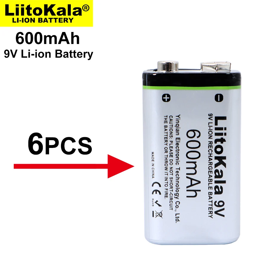 Pilha recarregável 6f22, pilha de íon de 9v, 600mah, para microfone, multímetro, brinquedo rc, arma de temperatura, 6