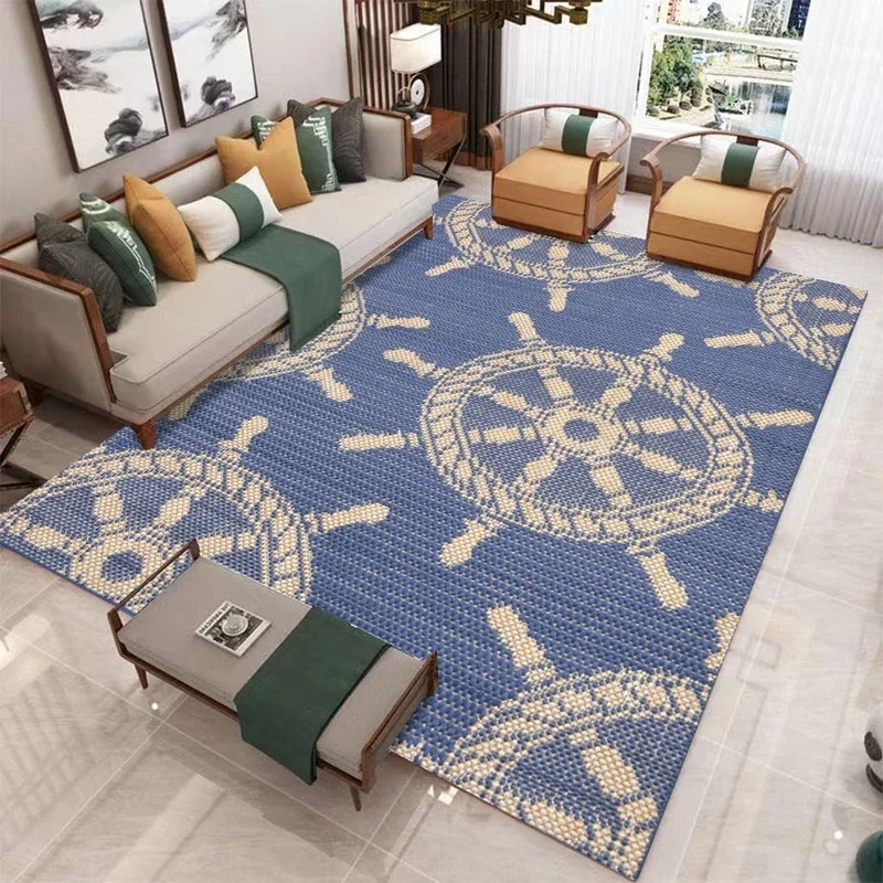 VIKAMA Nautical Ship Wheel Area Rug Blue Compass Pattern Soft Non Slip Carpet for Living Room Bedroom Home Decor