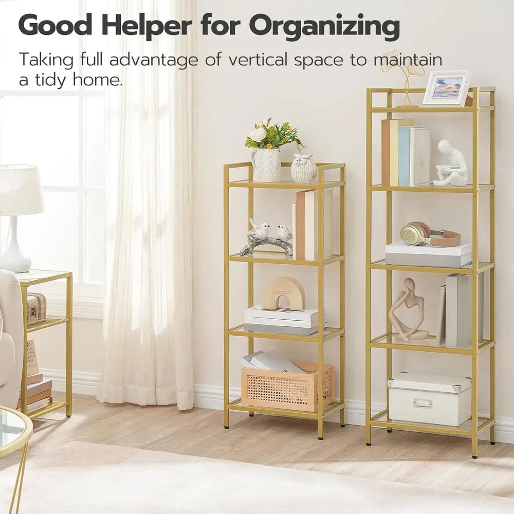 رف ذهبي من 5 طبقات، رف كتب ضيق، خزانة عرض مع خزانة كتب زجاجية، تخزين رف زاوية للمساحات الصغيرة، للمكتب المنزلي #4