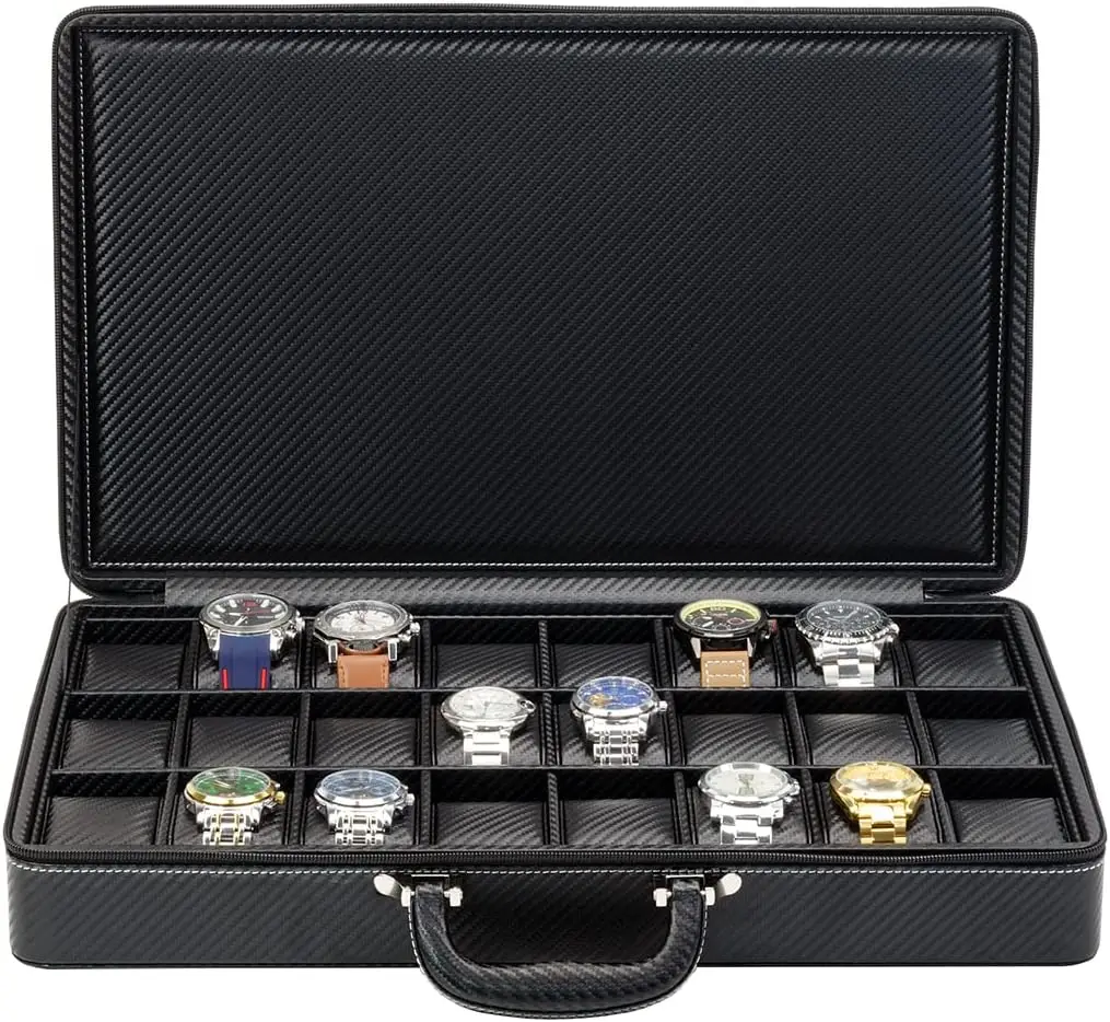 

24 Slot Watch Briefcase Black Carbon Fiber Zippered Travel Storage Case