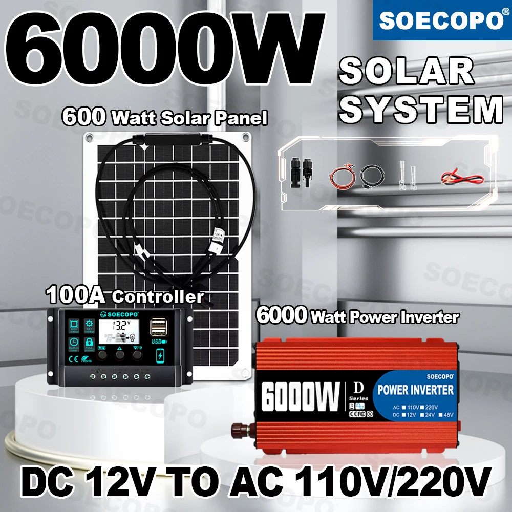 

6000W Peak Solar Kit 600W Flexible Panel 100A 12V/24V Controller 650W Rated Inverter 110V/220V for Spotlights Shore Fishing park