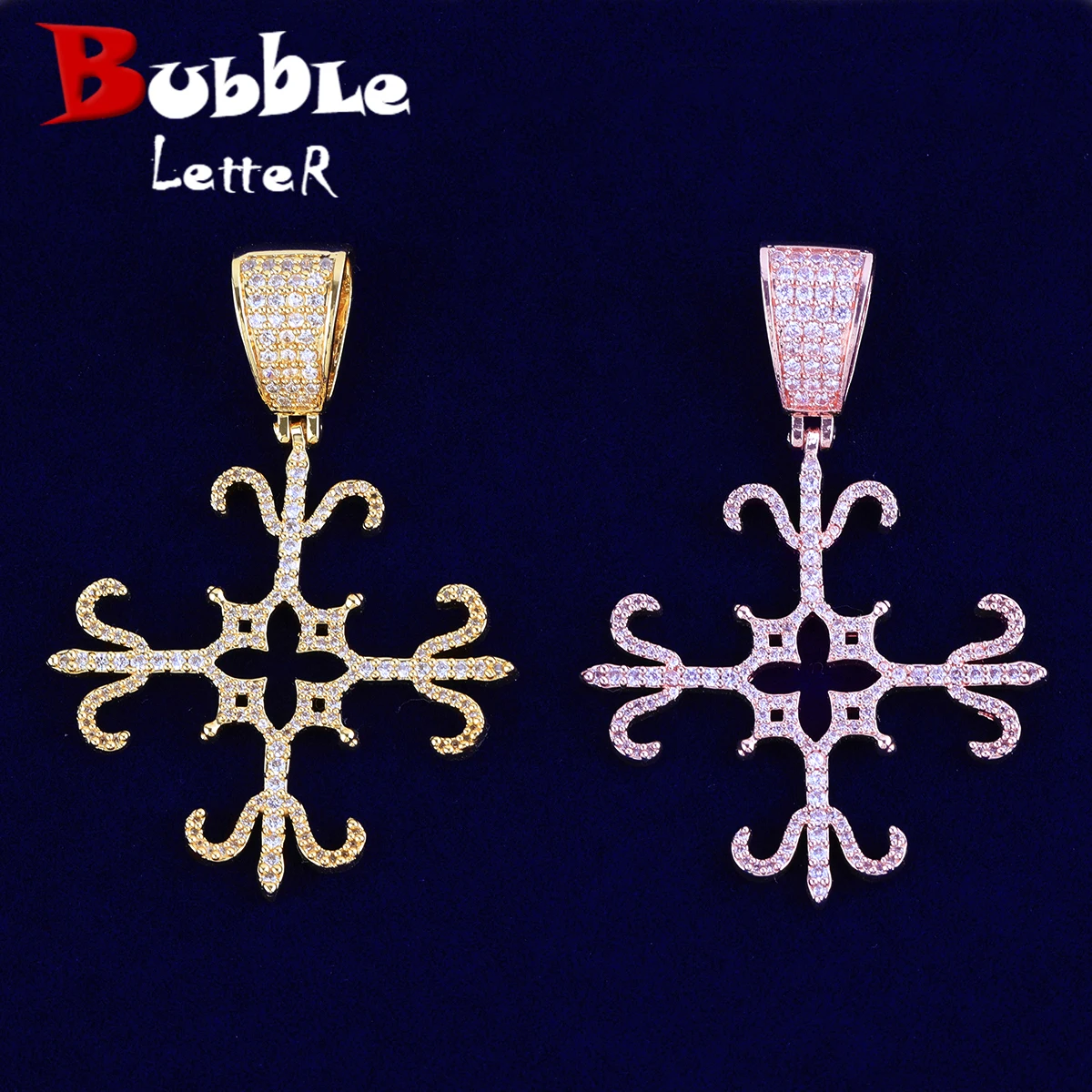 Bubble Letter Iced Out Four Sides Cross for Men Prong Setting Religious Cubic Zirconia Hip Hop Jewelry