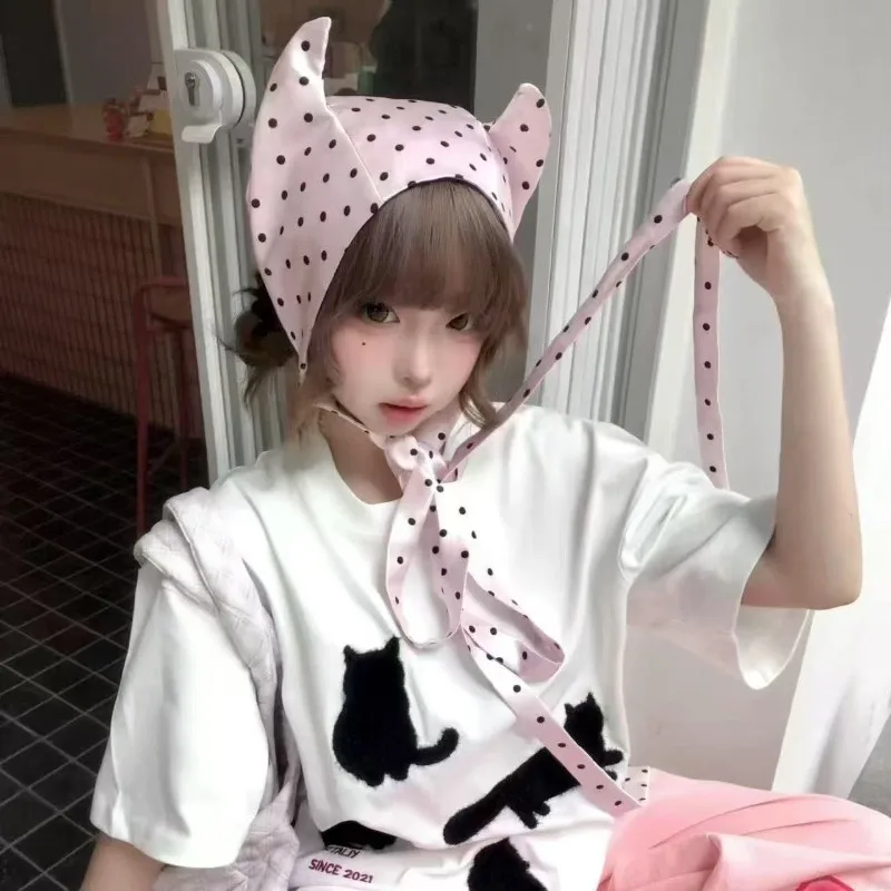 Kawaii Pink Polka Dot Devil Horn Bonnet Hat Aesthetic Harajuku Women's Y2K Balaclava Hood Hat Lolita Coquette Headwear Photo Hat