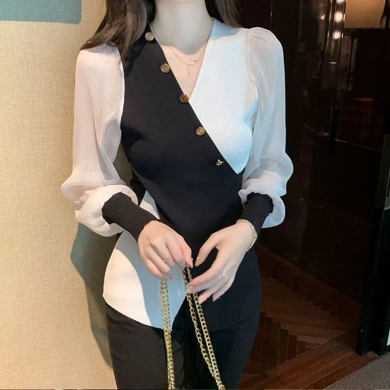 

Spring Autumn V-neck Fashion Long Sleeve Sweater Women High Street Contrast Color Button Patchwork Pullovers Elegant Slim Tops