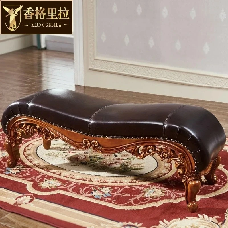 

A44 European first layer leather bedside stool full wood carving flower, bench American bedside stool