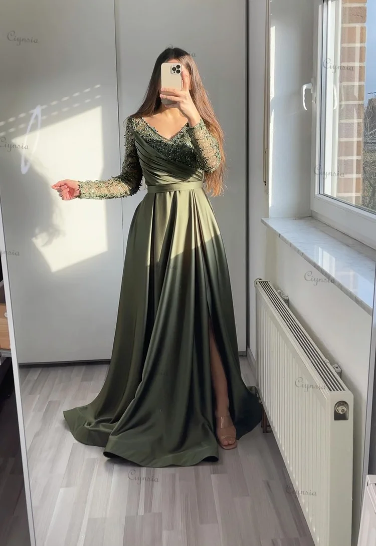 Ciynsia Olive Green Elegant Evening Dresses for Women Luxury A-Line Satin Formal Dress Long Sleeves V-Neck Lace Beaded Prom Gown