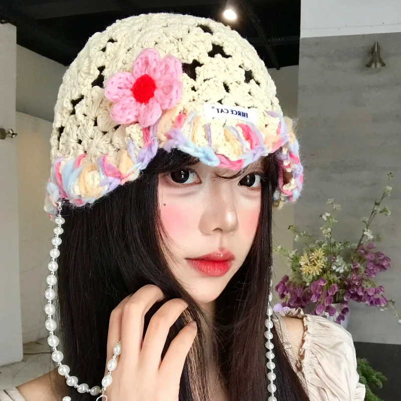 Hand-woven Flowers Pearls Tassels Beanies Y2K Spring and Summer Travel Photos Versatile Atmosphere Elegant Pullover Hats Women