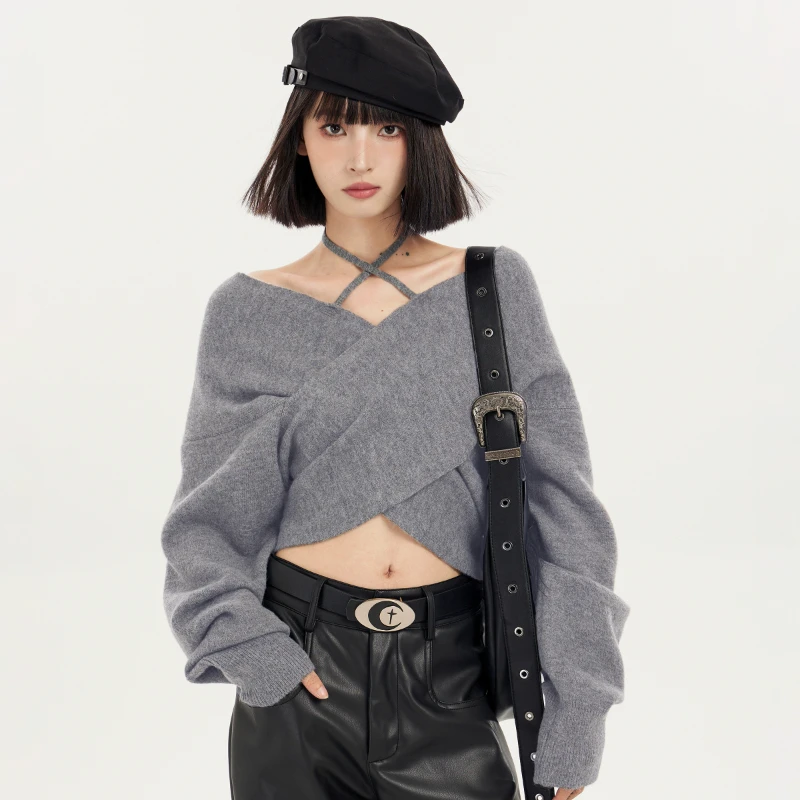 

Long Sleeve Sweater Female Gray off-Shoulder Short Autumn Winter Casual Loose Wool Warm off-Shoulder Top Irregular Style Fashion