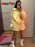 Women's Summer Tracksuit with Shorts Zipper Cotton Oversize Top and Shorts Two Piece Set Casual Sports Yellow Suit for Women - Image 3