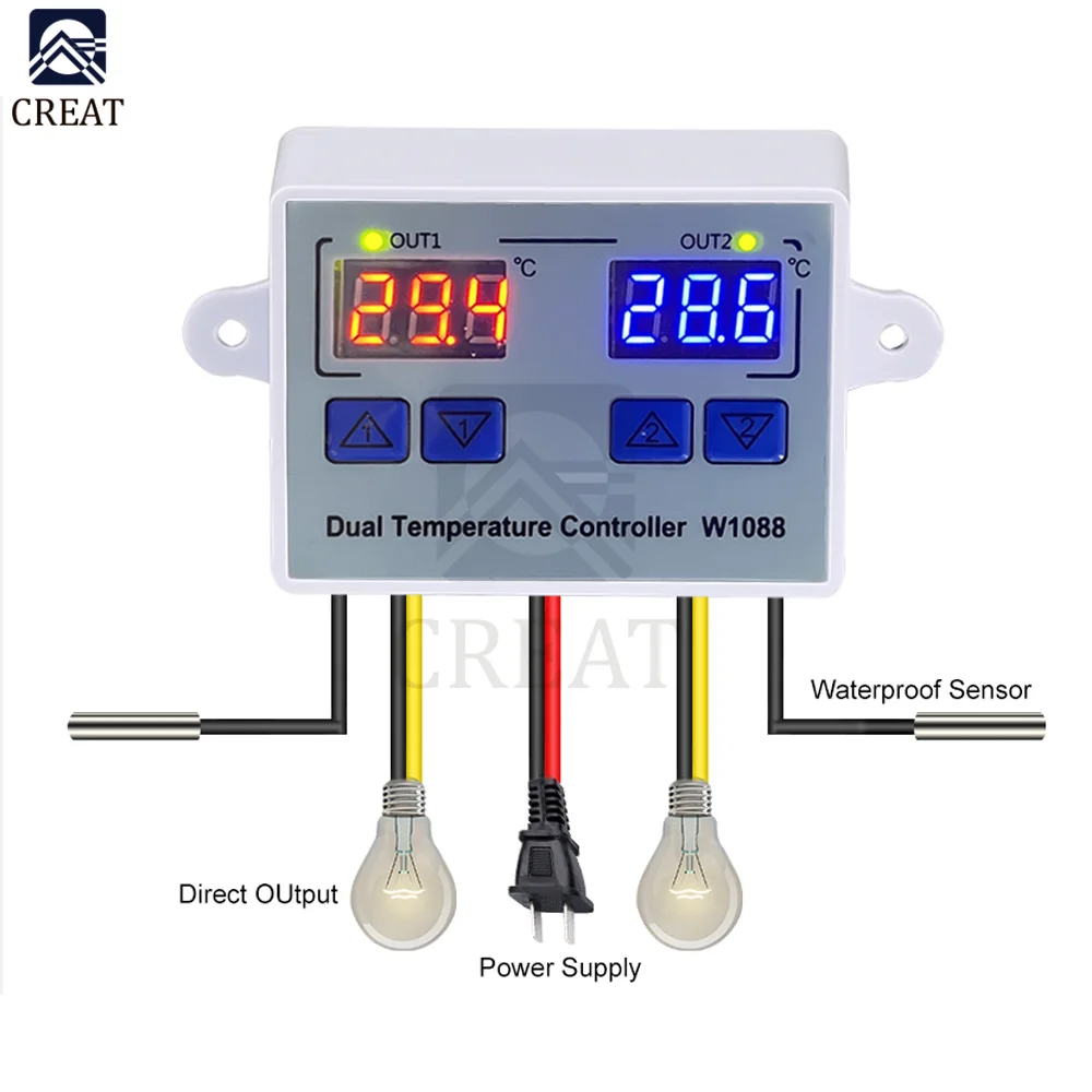 W1088 Dual LED Digital Temperature Sensor Meter Controller 12V 24V AC110-220V Thermostat Aquarium Incubator Thermoregulator
