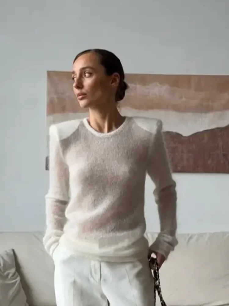 Women Solid See Through Knitted Pullover Sexy Round Neck Full Sleeve Slim Fit Thin Sweater 2025 High Street New Knitwear Fashion