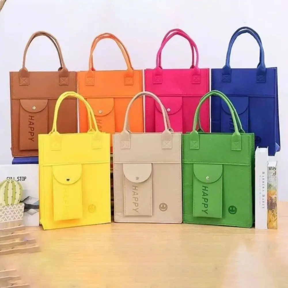 Large Capacity Women Felt Handbag Hand Zipper Felt Bag Reusable Shopping Bags Felt Tote Bags Solid Color A4 Size Study Bags