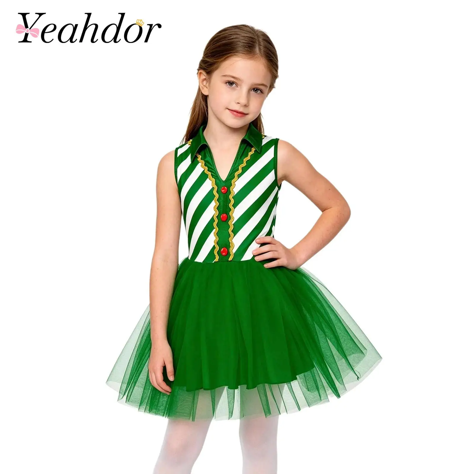 Kids Girls Christmas Striped Tulle Tutu Dress Candy Cane Costume Metallic Turn-down Collar Sleeveless Xmas Dress Nes Year Gift