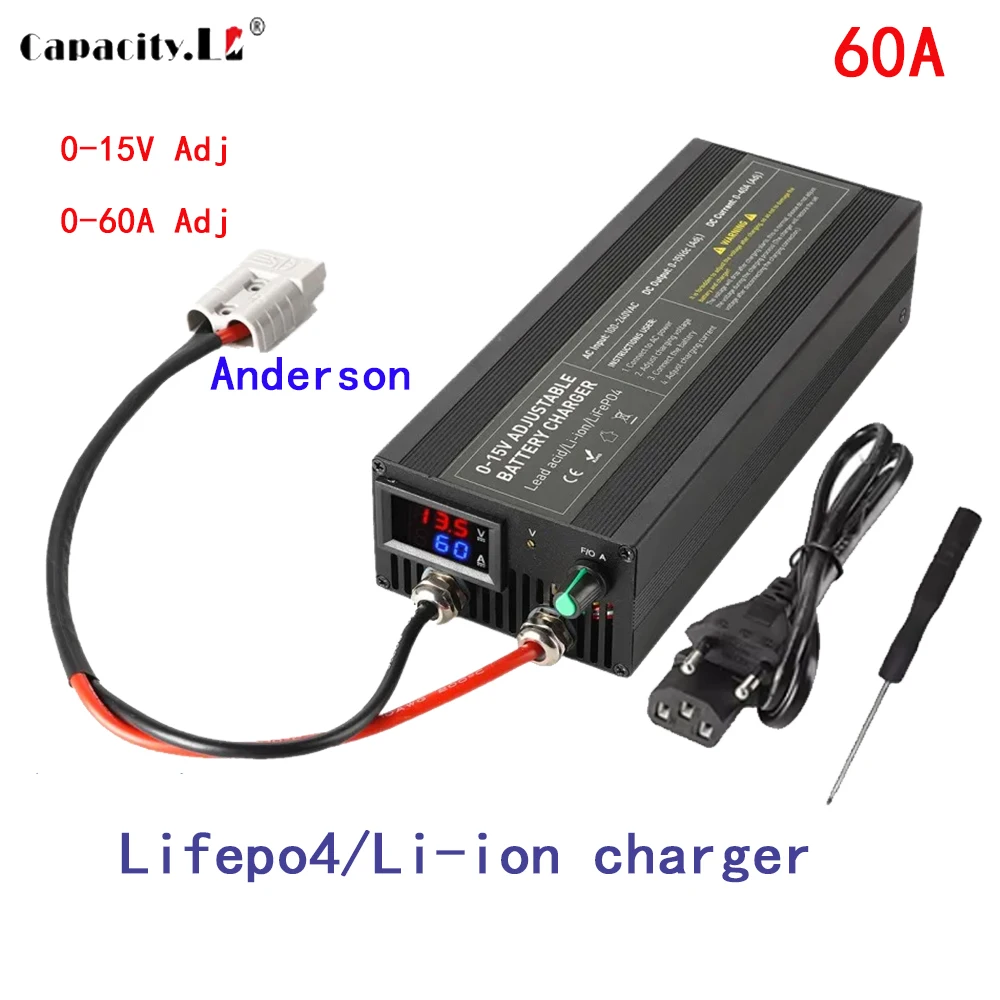 Capacity.li 0-15V Adjustable Battery Charger 14.6V60A Lifepo4 Charger Car Fast Charging 12.6V Lithium Battery High Power Adapter