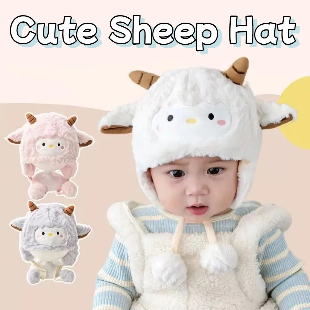 

Kawaii Toddler's Sheep Plush Hat Soft Thickened Cute Sheep Hat Windproof Ear Protection Cartoon Beanie Caps Outdoor Activities