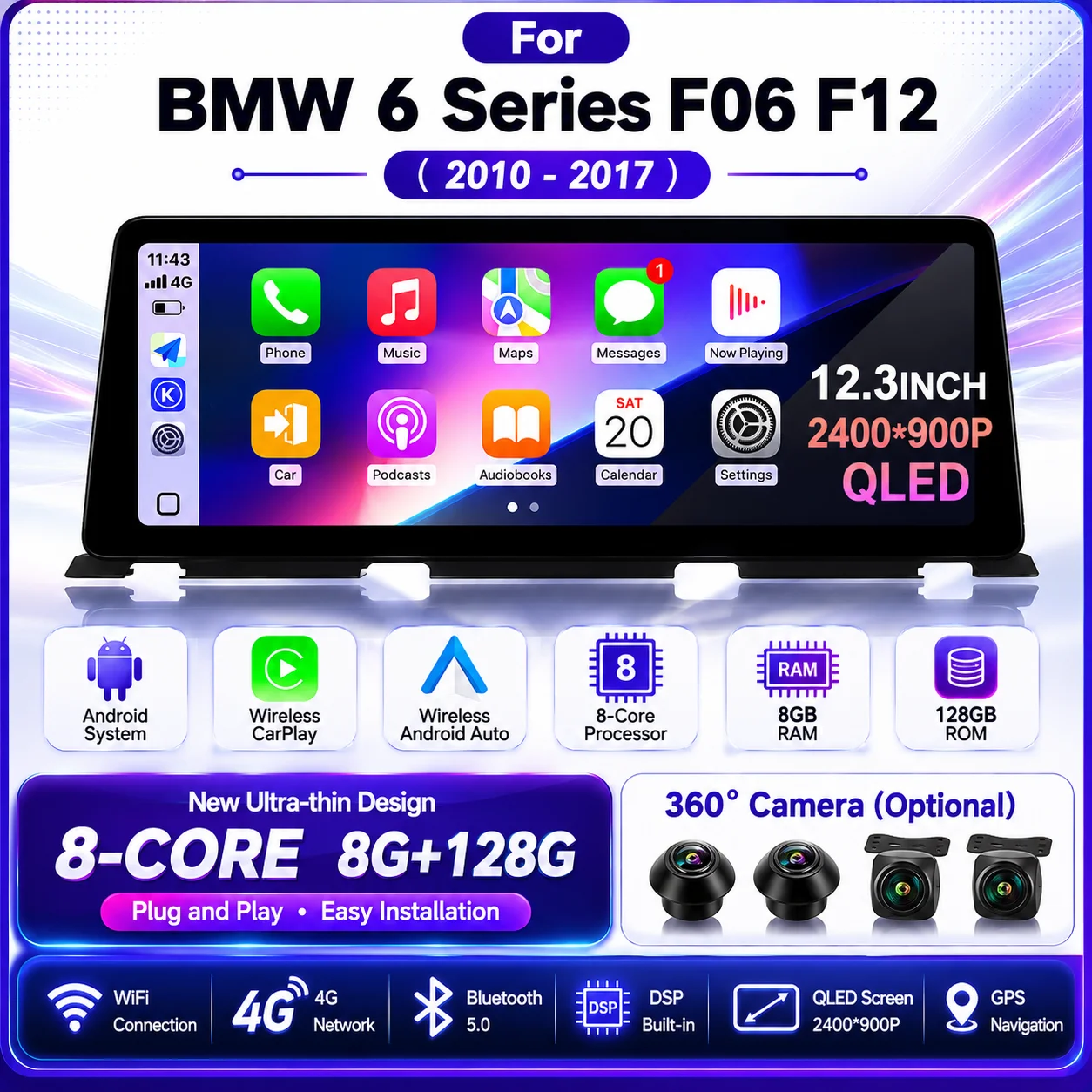 

360 Camera For BMW 6 Series F06 F12 2010 - 2017 CIC/NBT Android14 Auto Multimedia Player Carplay Radio GPS Navigation DSP 12.3''