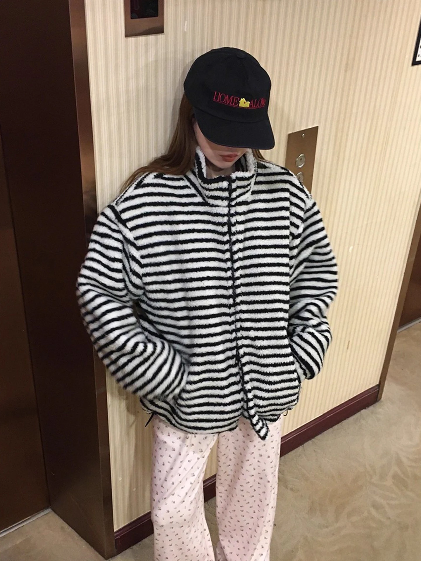 Senhoras thiened fce listra algodão jaet casaco de pele de cordeiro primavera outono inverno novo sle vintage quente commute sle ort casaco