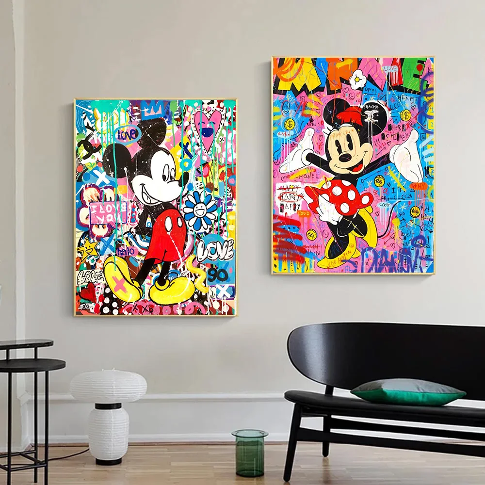 الكلاسيكية أنيمي ديزني الكتابة على الجدران ميكي ماوس الكرتون الجدار ملصق فني يطبع غرفة المنزل الحديثة ديكور قماش اللوحة الجداريات ، الإطار