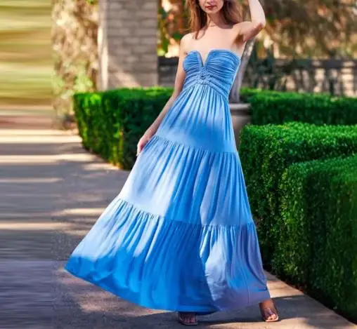 

Summer Women's Strapless Patchwork Slim Fit Blue Long Dress Solid Color V-Neck Strapless High Waisted A-Line Party Dress Dress