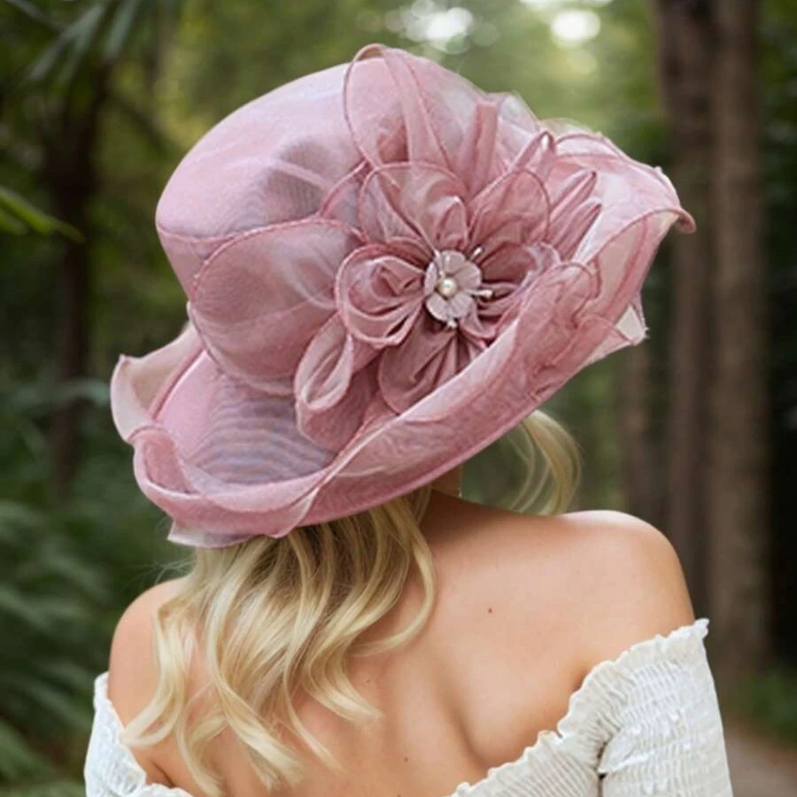 Elegant Women's Sun Hat With Floral Sheer Veil, Wavy Brim, Wide Brim Summer Outdoor Hat - view 2