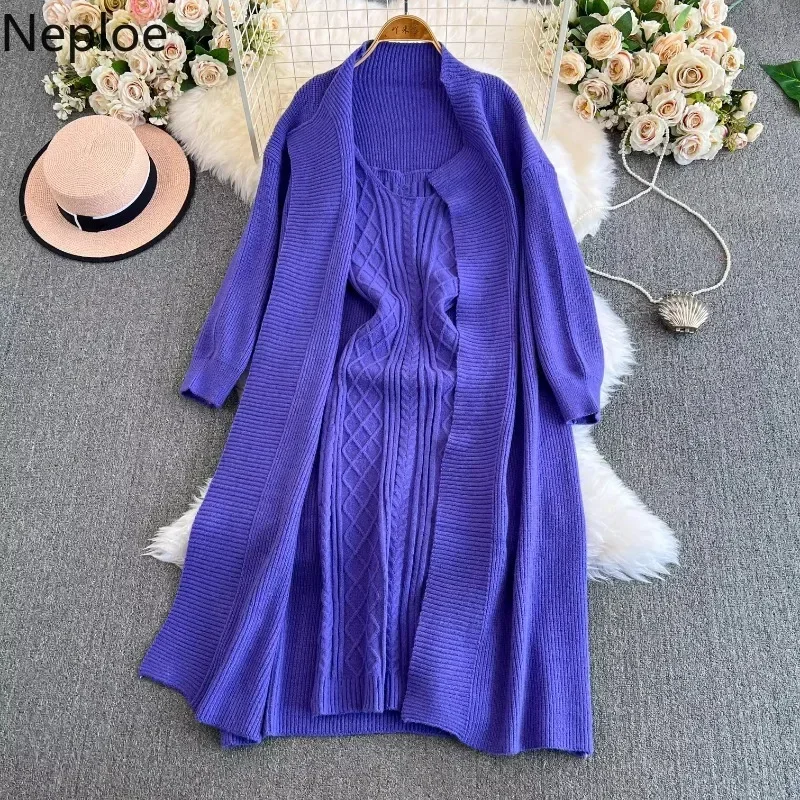 Neploe 2024 Autumn Winter Simple Elegant Style Two Piece Sets Femme Solid Color Loose Knit Cardigan Jacket  V-neck Vest Dress