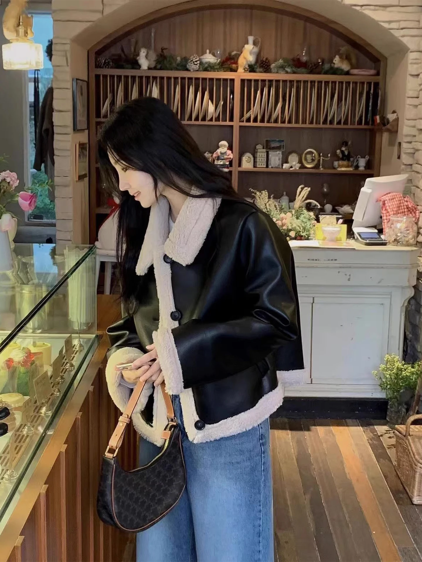 Sli ريترو بولي Leather الجلود Jaet المرأة معطف الفراء اصطف سترة راكب الدراجة الشتاء جديد صغير الحجم Jaet معطف جلد Faionable