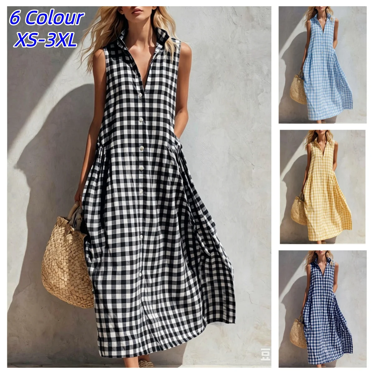 Vestido Largo Holgado sin Mangas con Estampado Vichy para Mujer, Estilo Resort, Moda Playera, Ropa Mujer, Roupas Feminina