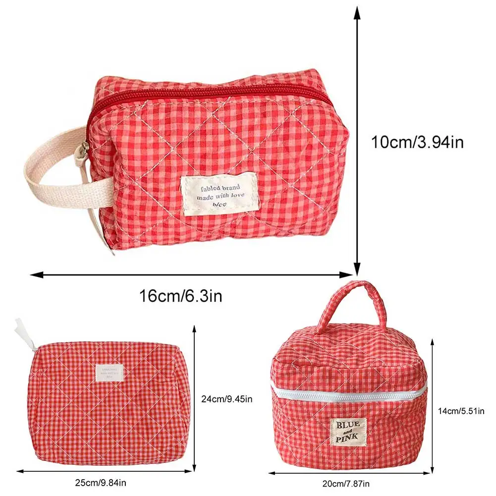 Casual Women Cosmetic Pouch Large Capacity Travel Storage Bag Sweet Plaid Ladies Makeup Bag Cotton Checkered Travel Toiletry Bag