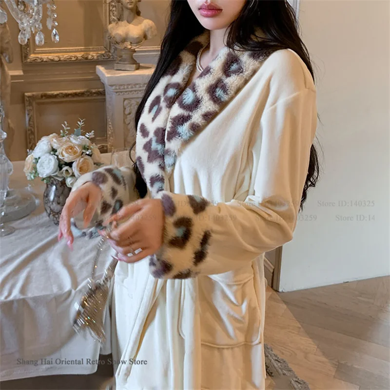 Sexy Leopard Long Robe Women Home Dress Autumn Winter Island Velvet Warm Sleepwear Kimono Bathrobe Gown Loose Casual Lounge Wear