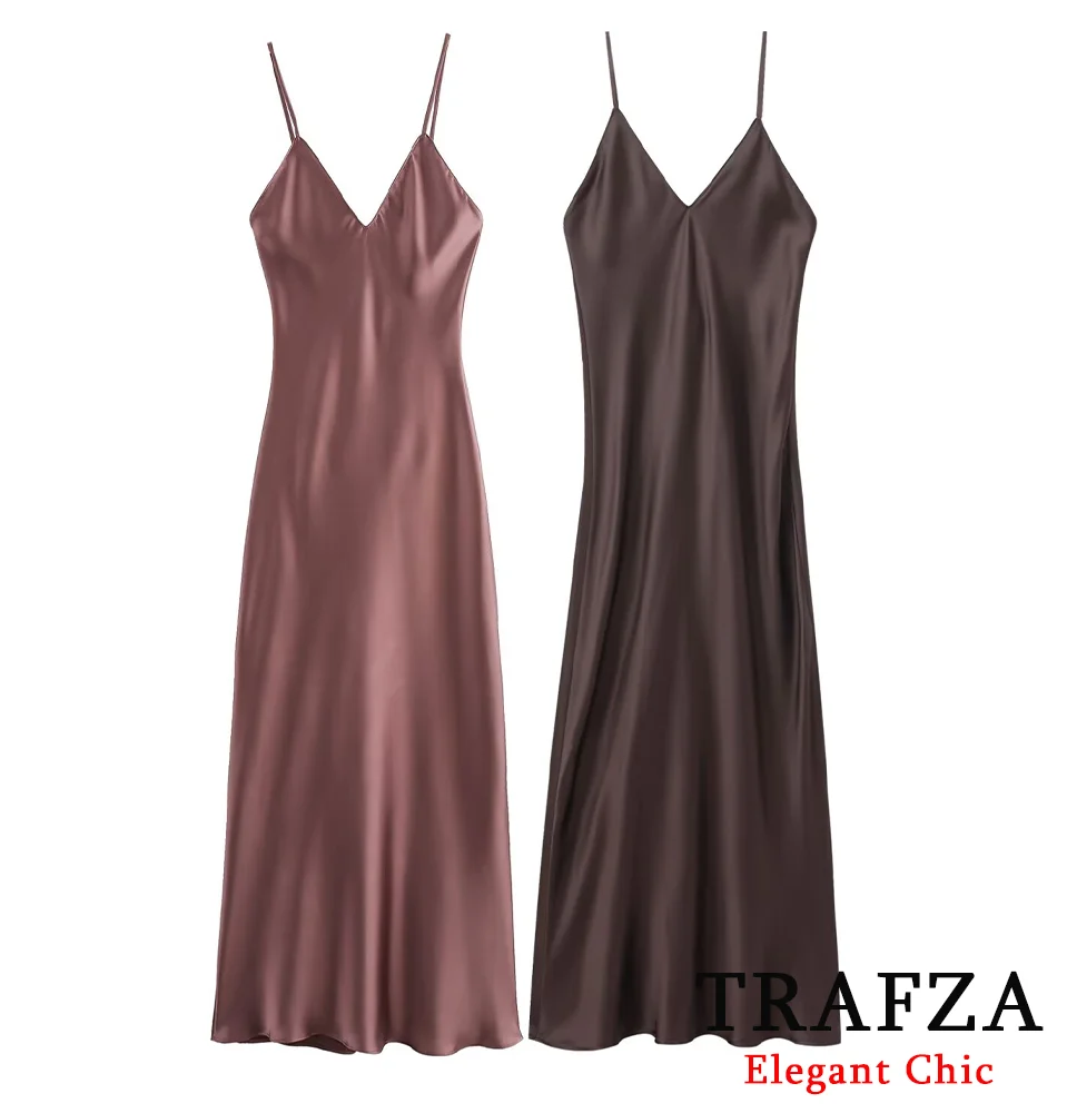 TRAFZA Women Sexy Stain Long Dress Thin Strap Backless Slim Long Dress New 2024 Fashion Glamorous Dinner Party Dress